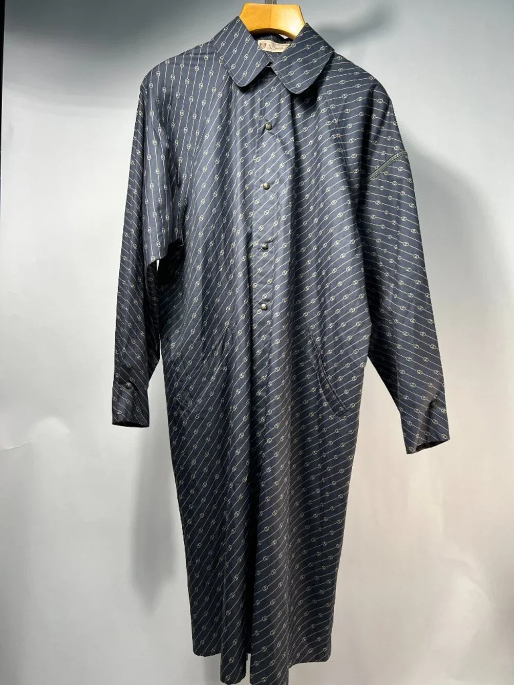 RARE Vintage GUCCI Monogram Packable Travel Coat - Blue Grey Logo Print 80s M